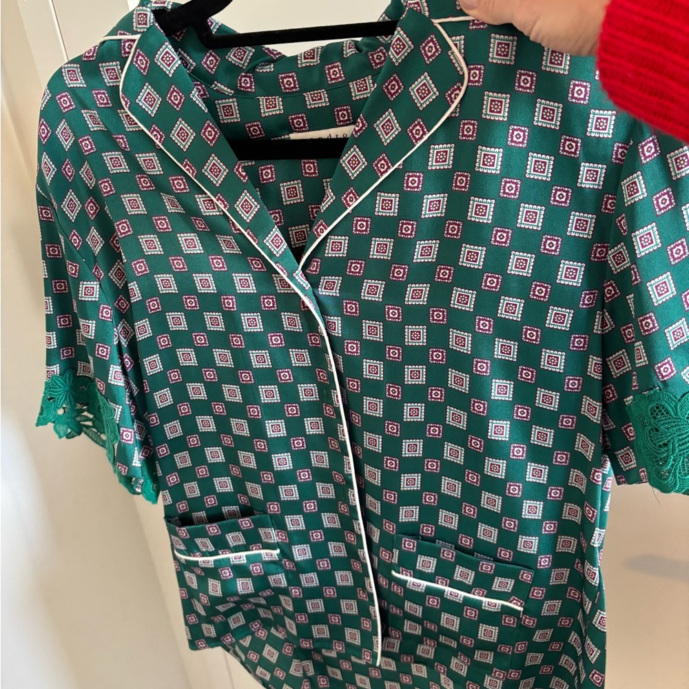 Sandro Green Geometric Patterned silk Top